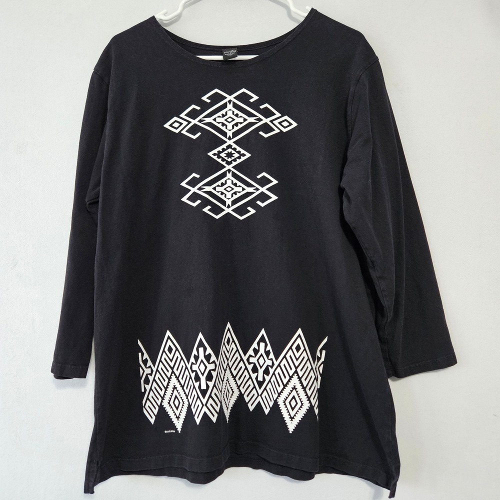 Sabaku Artwear Top Women L Black White Geometric Tribal Long Sleeve Boho Minimal